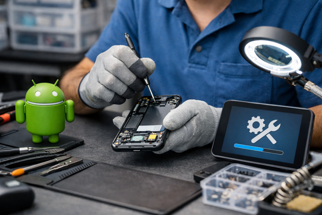 Servicio técnico reparando un móvil Android con problemas de sonido en el altavoz